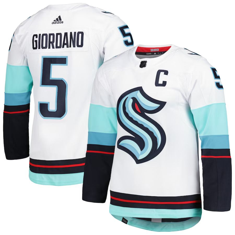 Men Seattle Kraken #5 Mark Giordano adidas White Captain Away Authentic Pro Player NHL Jersey